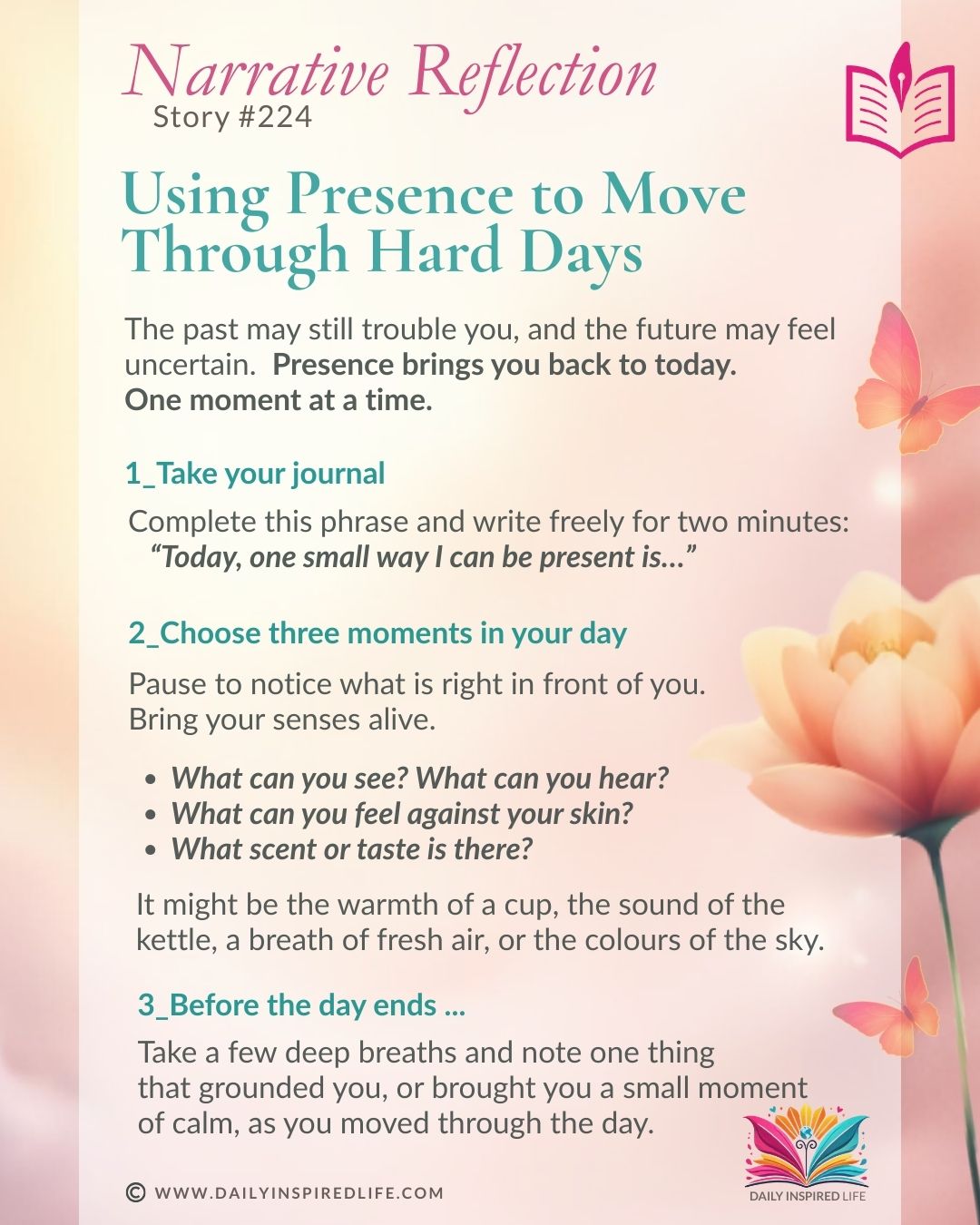 Staying Present in Uncertain Times narrative reflection graphic about grounding yourself and moving forward one step at a time