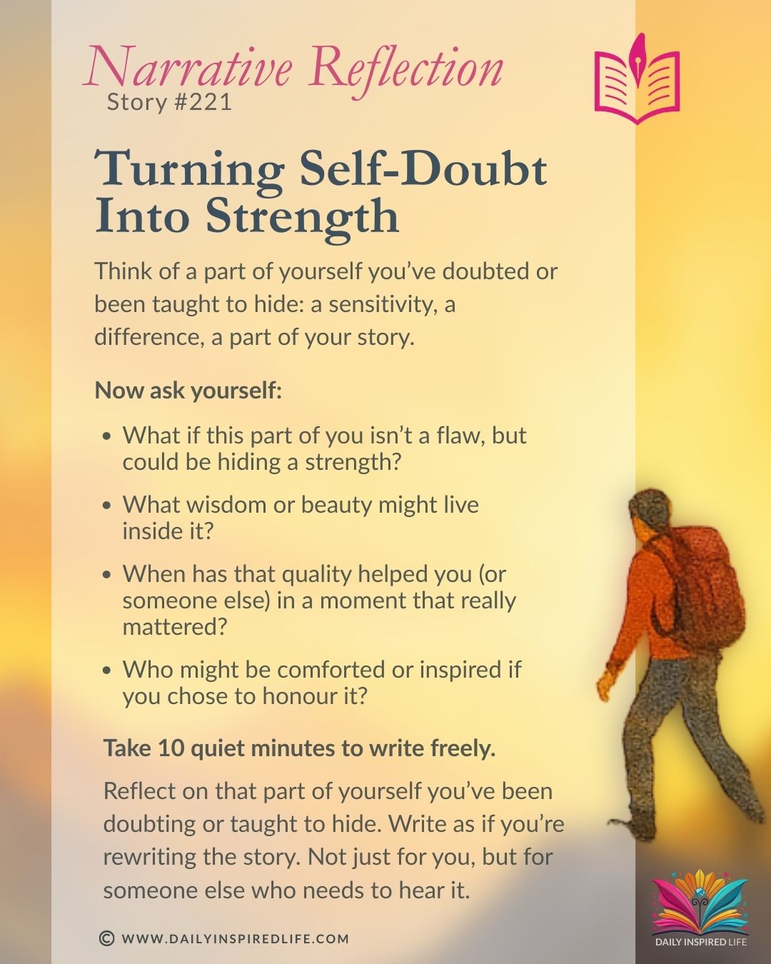 Turning Self-Doubt Into Strength narrative reflection graphic encouraging confidence, self-acceptance, and taking one brave step forward