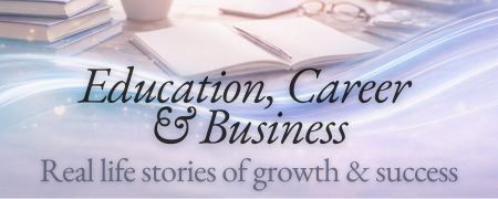 Desk with books, and glasses representing stories of learning, career growth and success.
