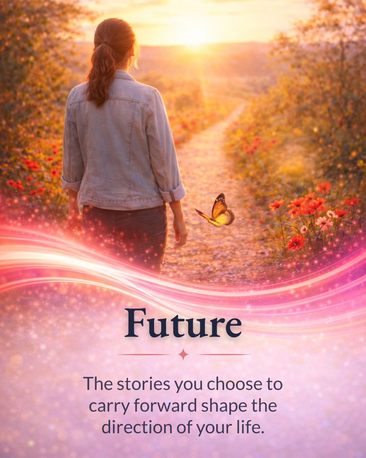 Woman walking along a sunlit path with flowers and a butterfly, representing choosing the story that shapes the future.