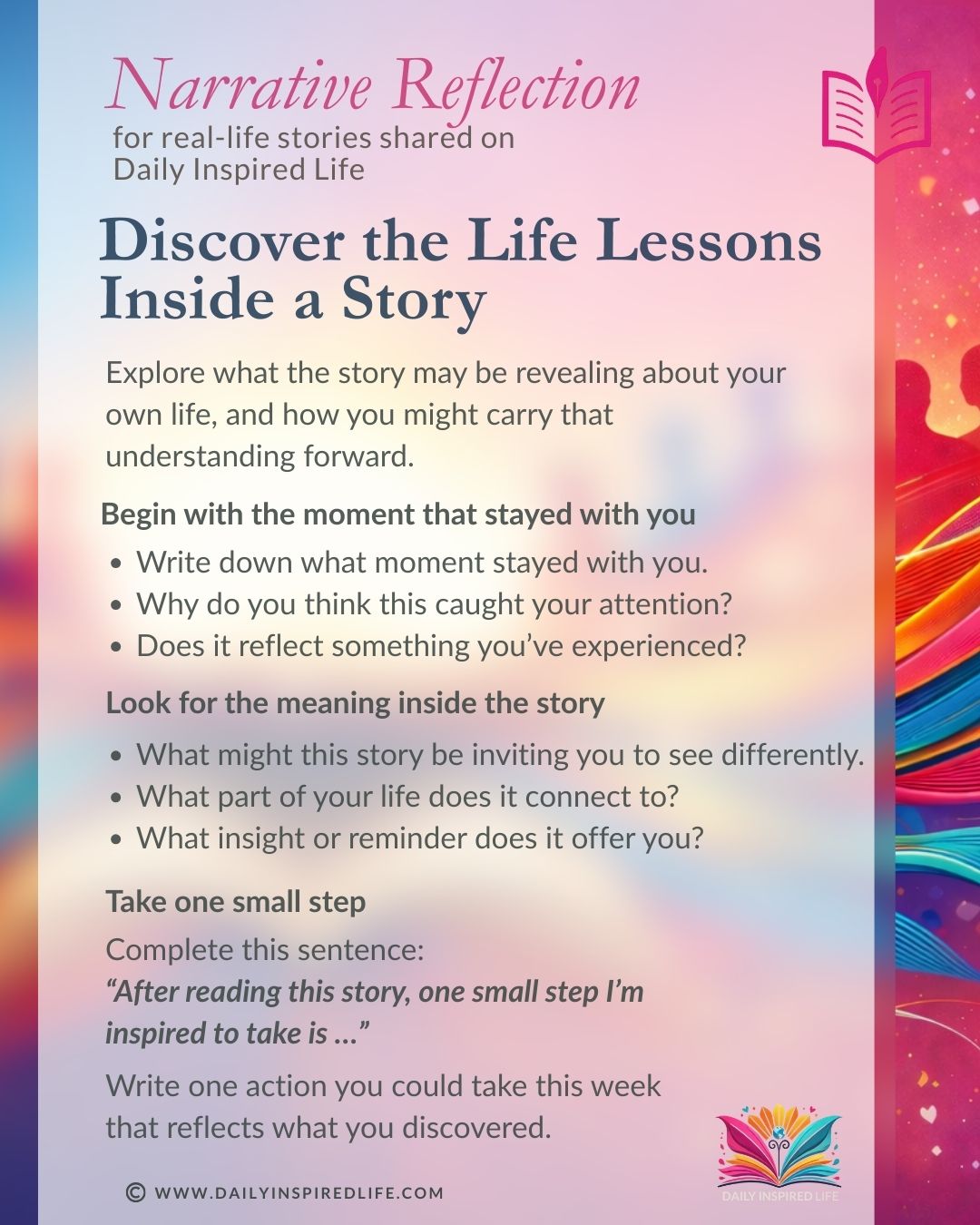 Narrative reflection graphic encouraging readers to apply life-lessons from a real-life story to their own life