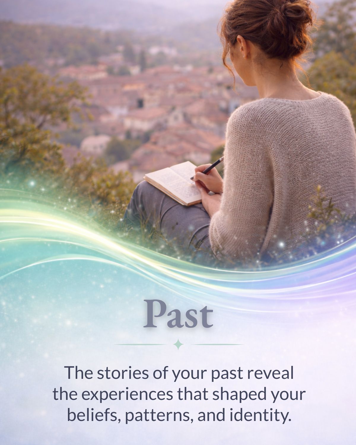 Woman writing in a journal overlooking a town, representing reflection on past life stories and experiences.