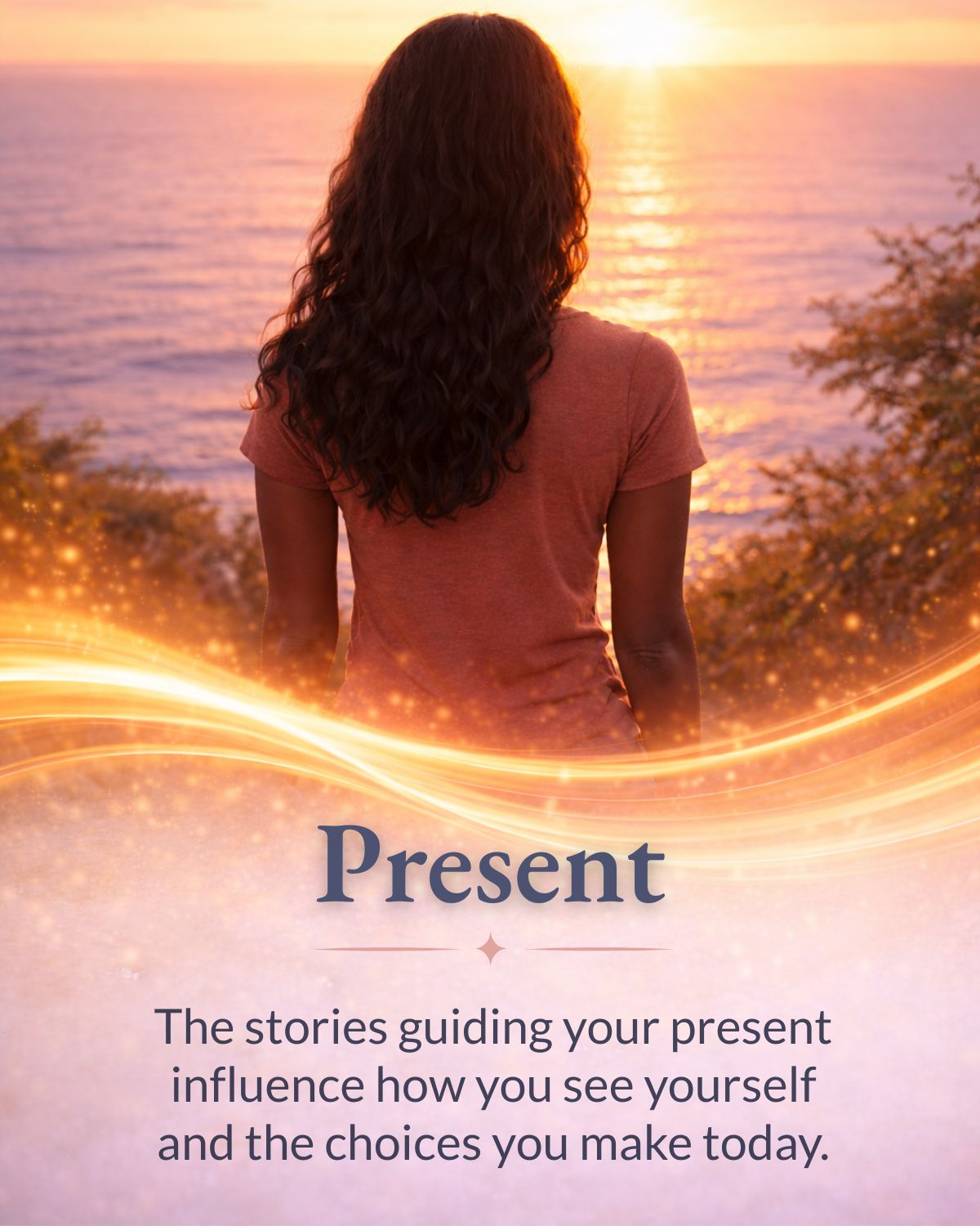 Woman standing and looking out over the ocean at sunset, representing awareness of the story shaping the present moment.