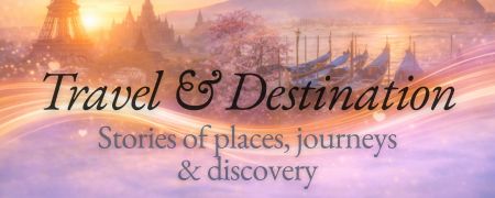 Travel landscape at sunrise overlooking mountains and water representing stories of journeys, places and discovery.