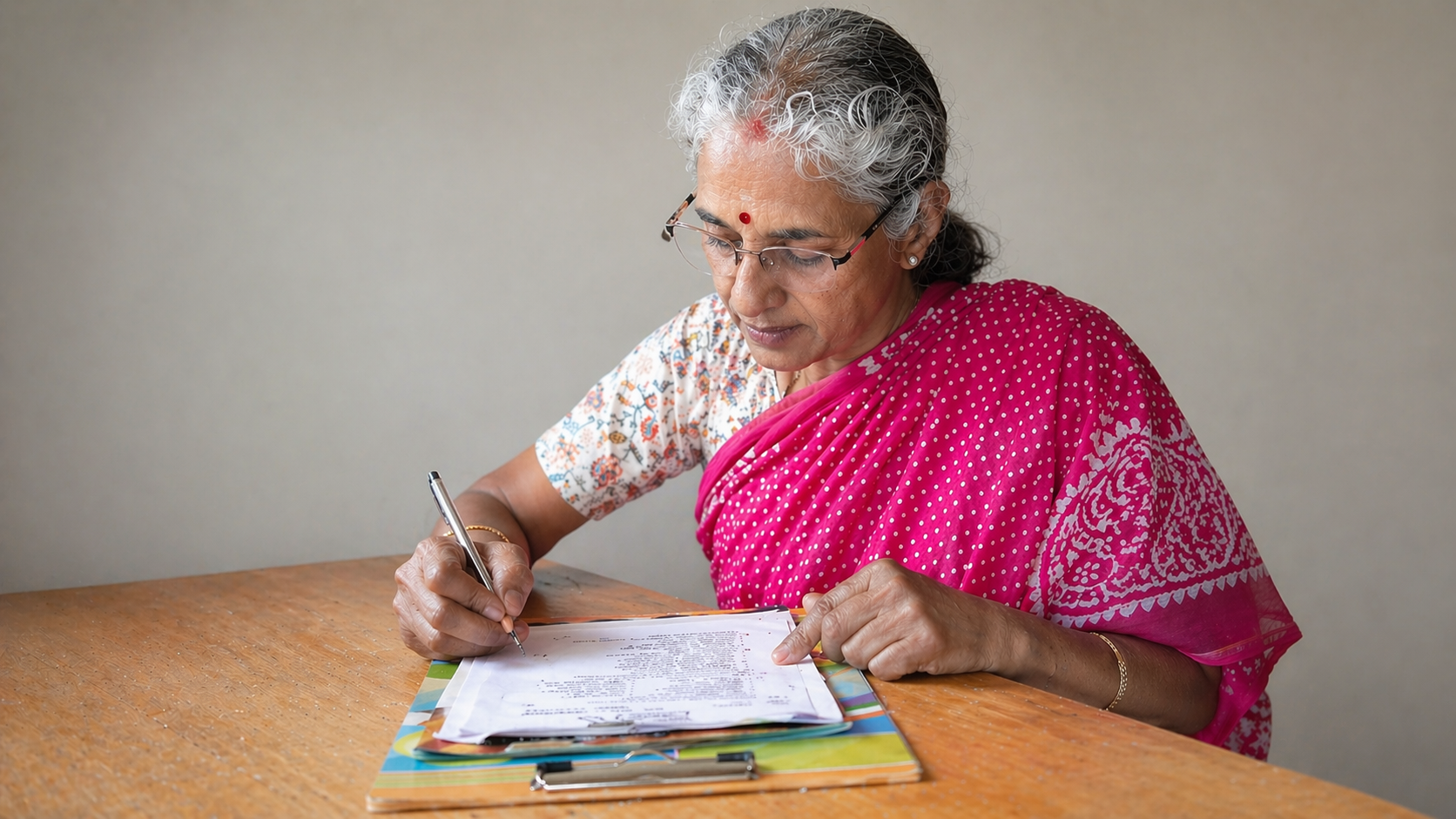 60+ woman writing a Sanskrit exam, proving it is never too late to learn