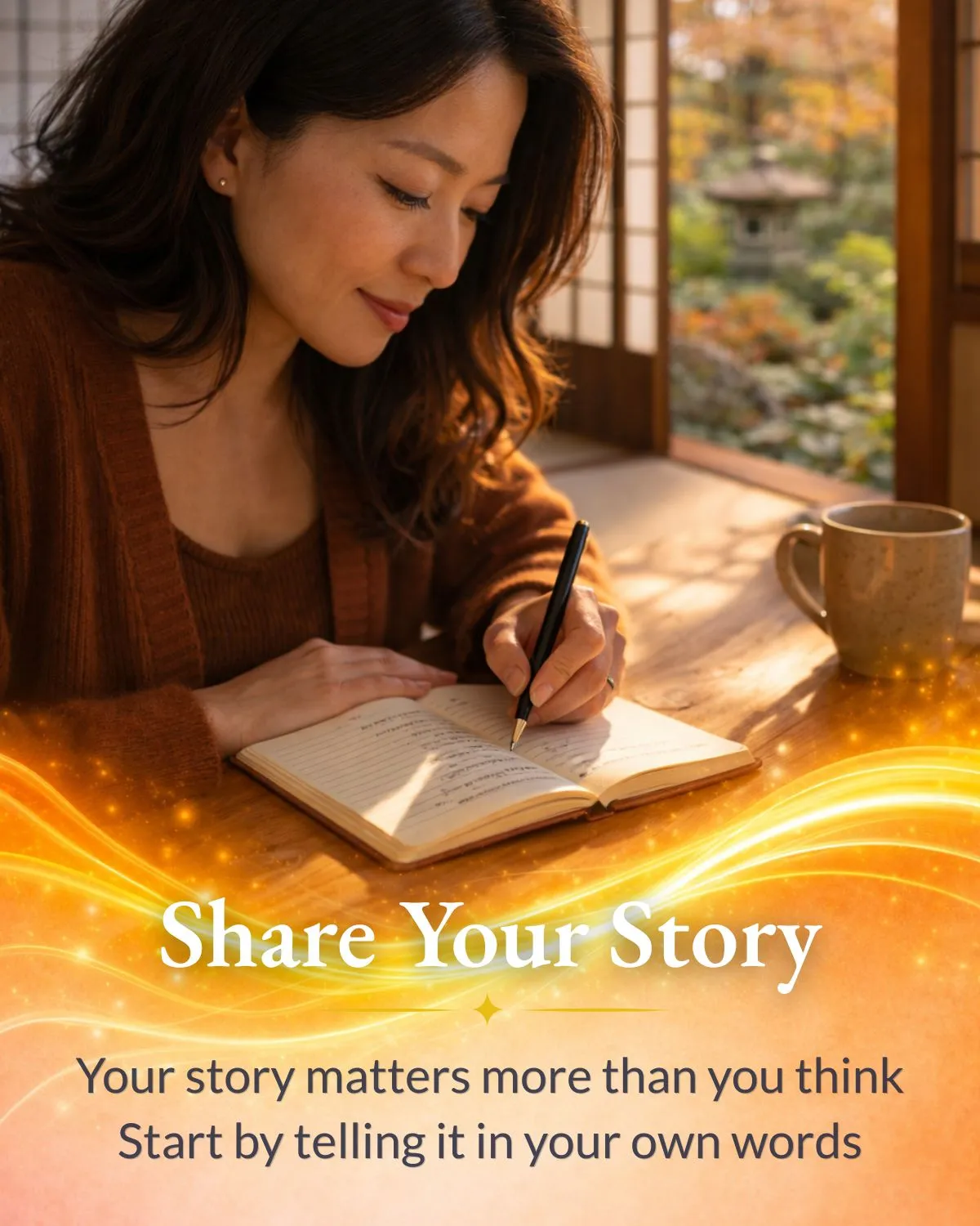 Woman writing her story using a laptop, representing sharing a personal life story in her own words