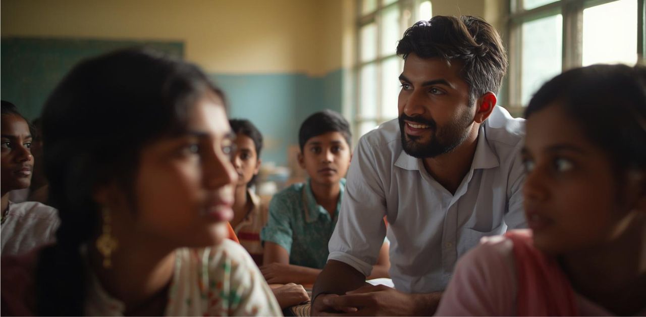 Teacher engaging with students in a classroom in India, showing a moment of connection and learning