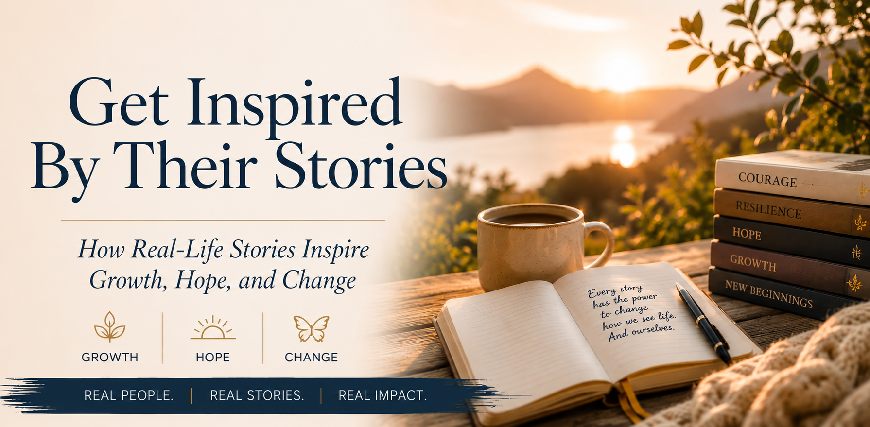 Get Inspired By Their Stories featured image with journal, coffee, and uplifting real-life storytelling theme