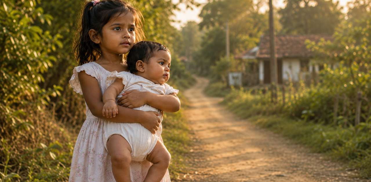 Young girl carrying her baby sister along a quiet rural road in Sri Lanka during childhood hardship and uncertainty.