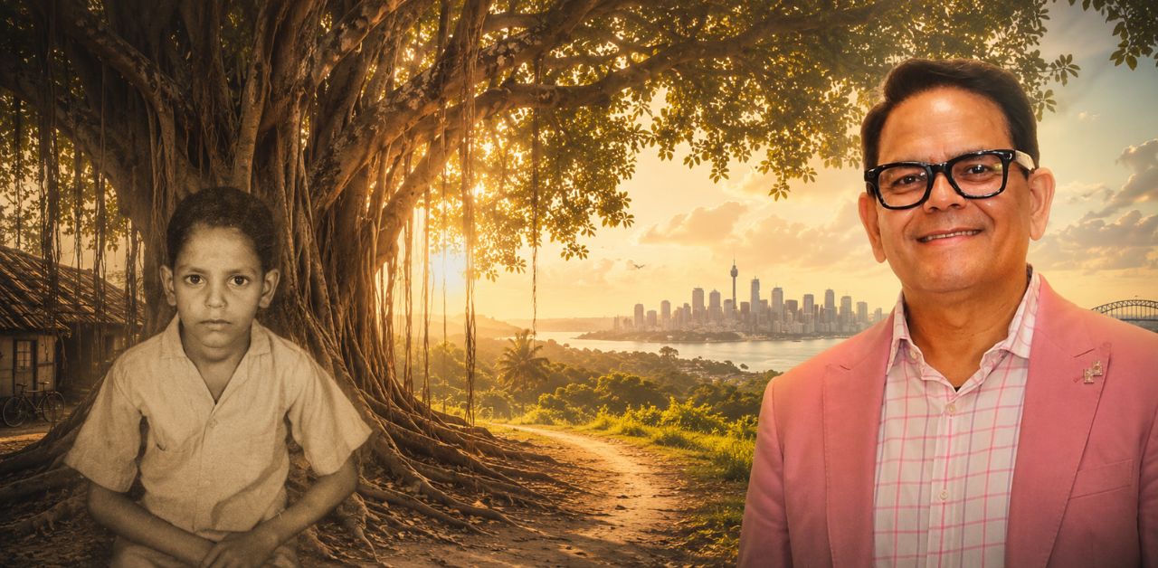 Prem Dwivedi as a child beneath a banyan tree alongside his present-day portrait, symbolising his journey from rural India to becoming a scientist and author in Australia.